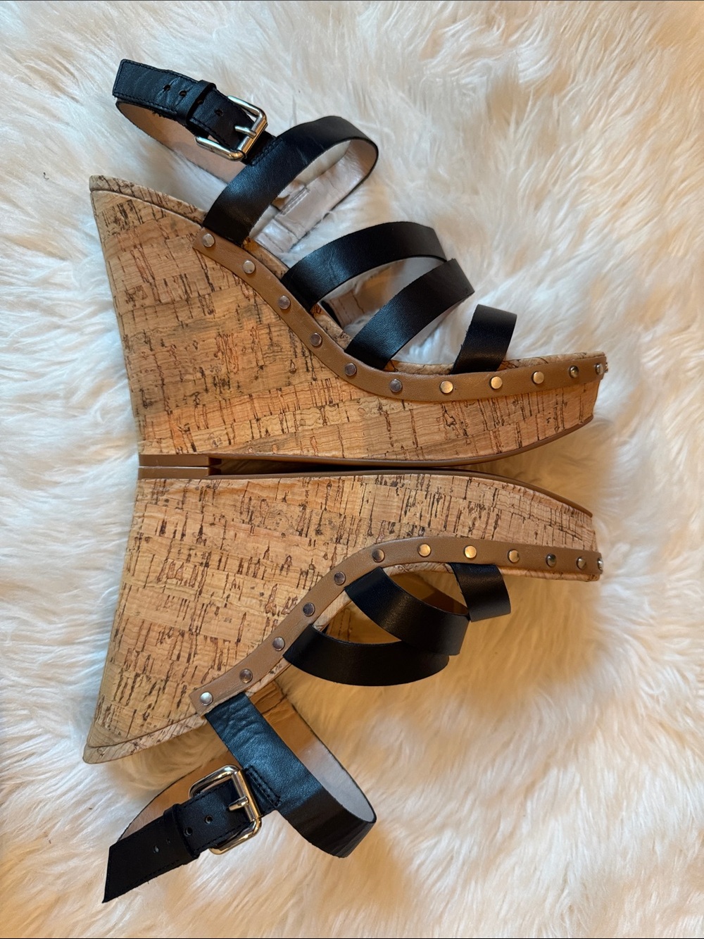 VGUC Size 8.5 French Connection Black Multi-Strap Dion Cork Wedge Sandals! - Picture 5 of 15